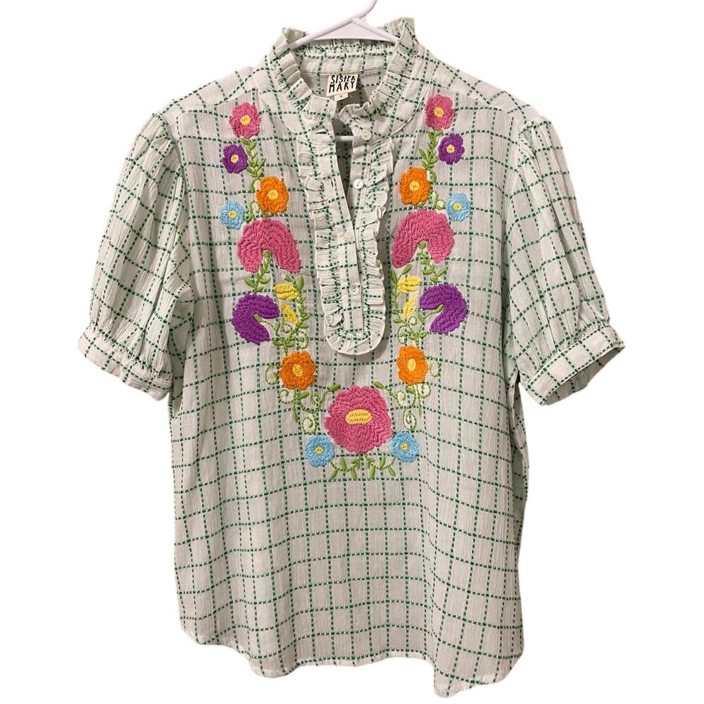 Sister Mary Josephina Blouse Small Floral Embroidery Colorful 100% Cotton Boho - Picture 3 of 10